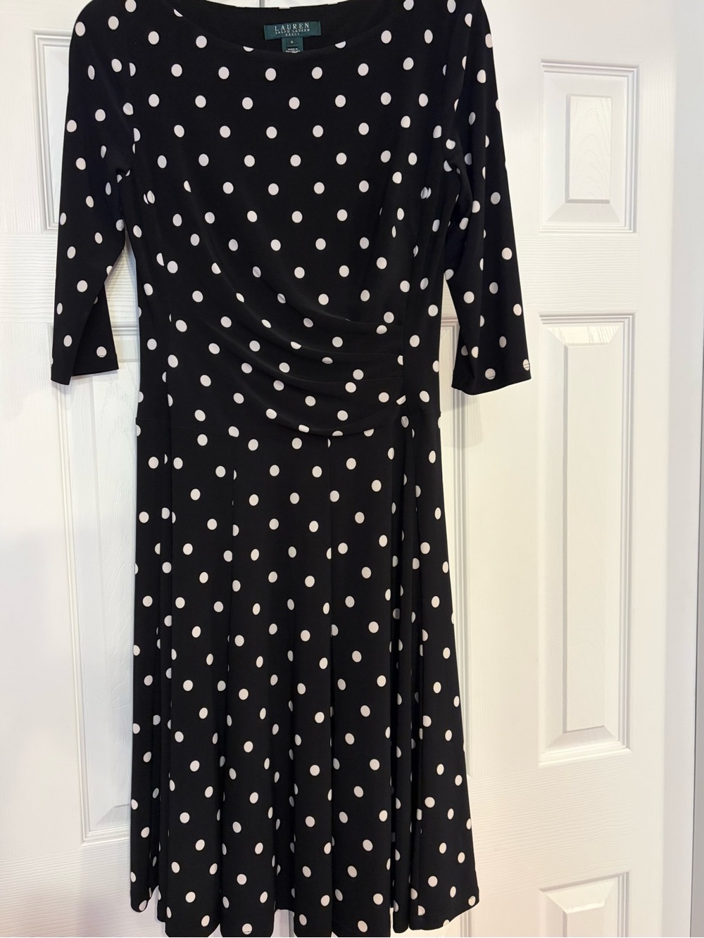 Ralph Lauren Black Dress with White Polka Dots, Midi Fit
